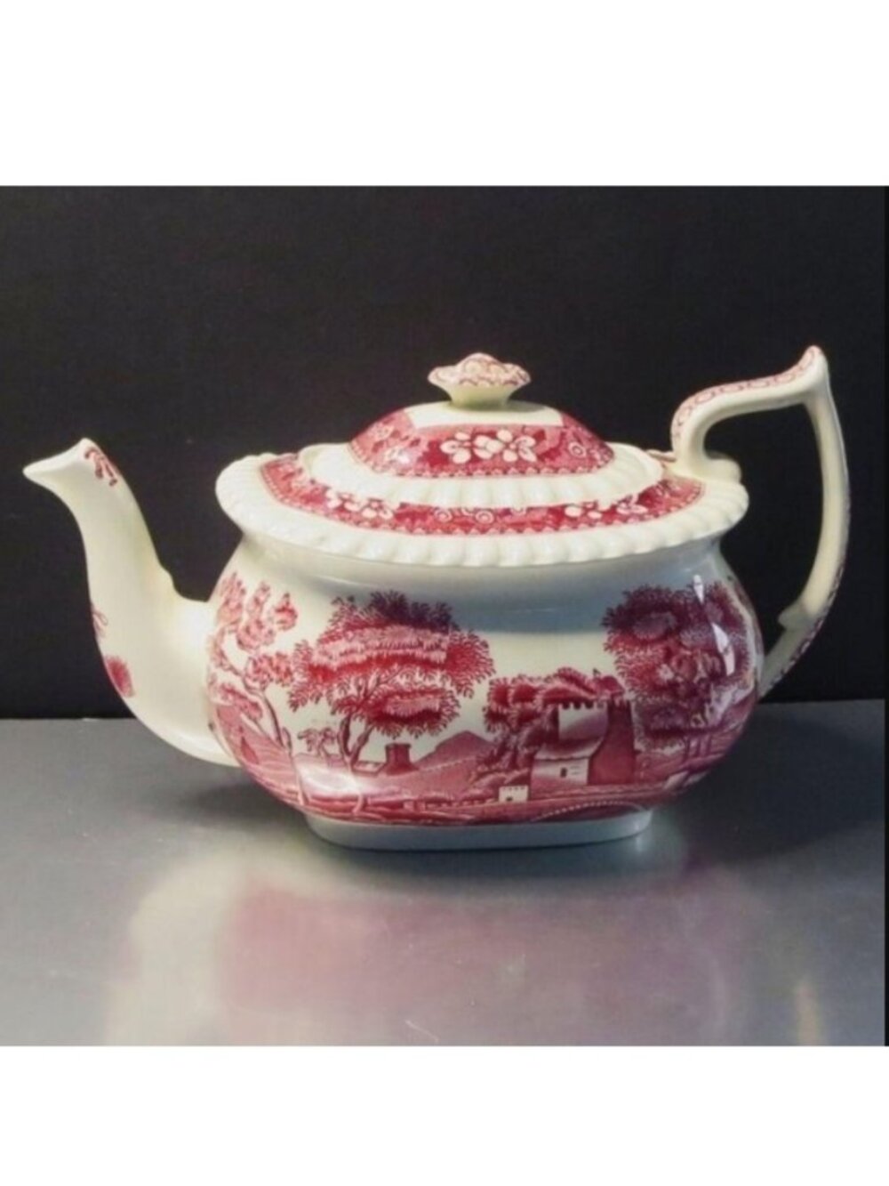 Antique Copeland Ceramic Teapot Spode Towers Pink White Transferware With Lid